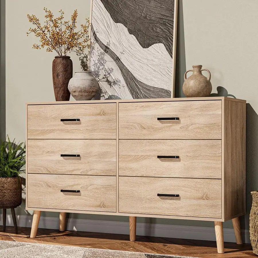 Dresden Collection | Tapered-Leg Brass-Accented Walnut Dresser - featuring close-up joinery and artisanal finish quality in a Mid-Century Modern bedroom setting.