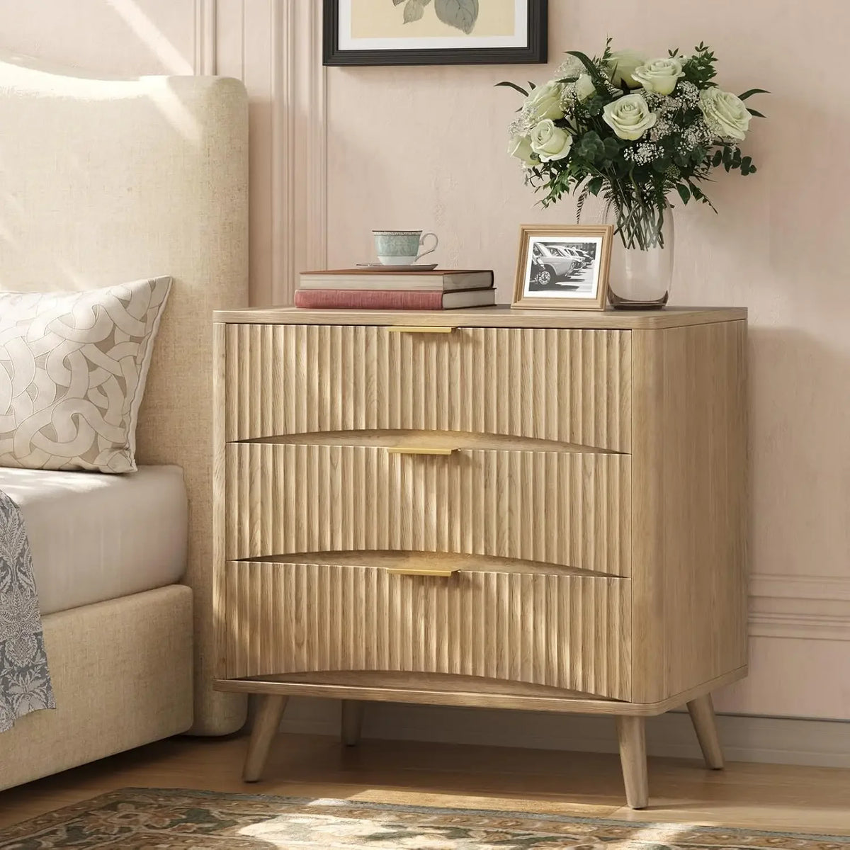 Ellington Collection | Fluted Atomic-Era Fluted Oak - showcasing full sculptural form and curated finish in a Mid-Century Modern living room setting.