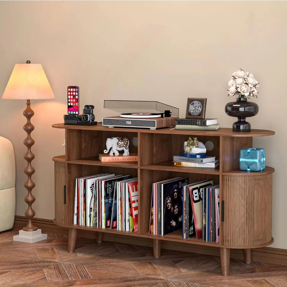 Ellington Collection | Gold-Trimmed Atomic-Era Walnut Record Console - showcasing full sculptural form and curated finish in a Mid-Century Modern entryway setting.