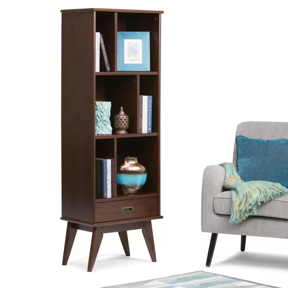 Draper Solid Hardwood 64 In. X 22 In. Mid-Century Modern Bookcase and Storage Unit in Medium Auburn Brown