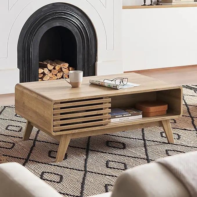 Fontaine Collection | Fluted Danish-Inspired Walnut Coffee Table - highlighting material texture and craftsmanship detail in a Mid-Century Modern living room setting.