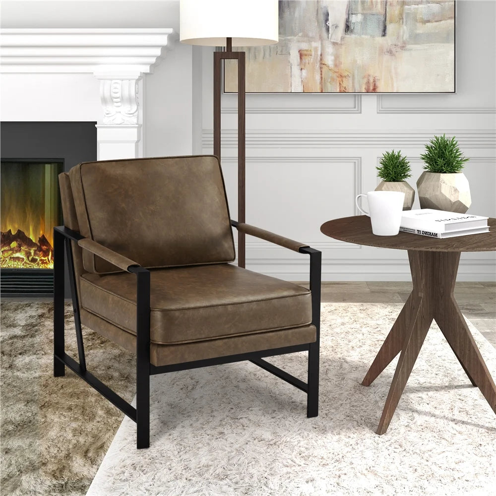 Mid-Century Modern Accent Chair with Metal Frame, Brown Faux Leather