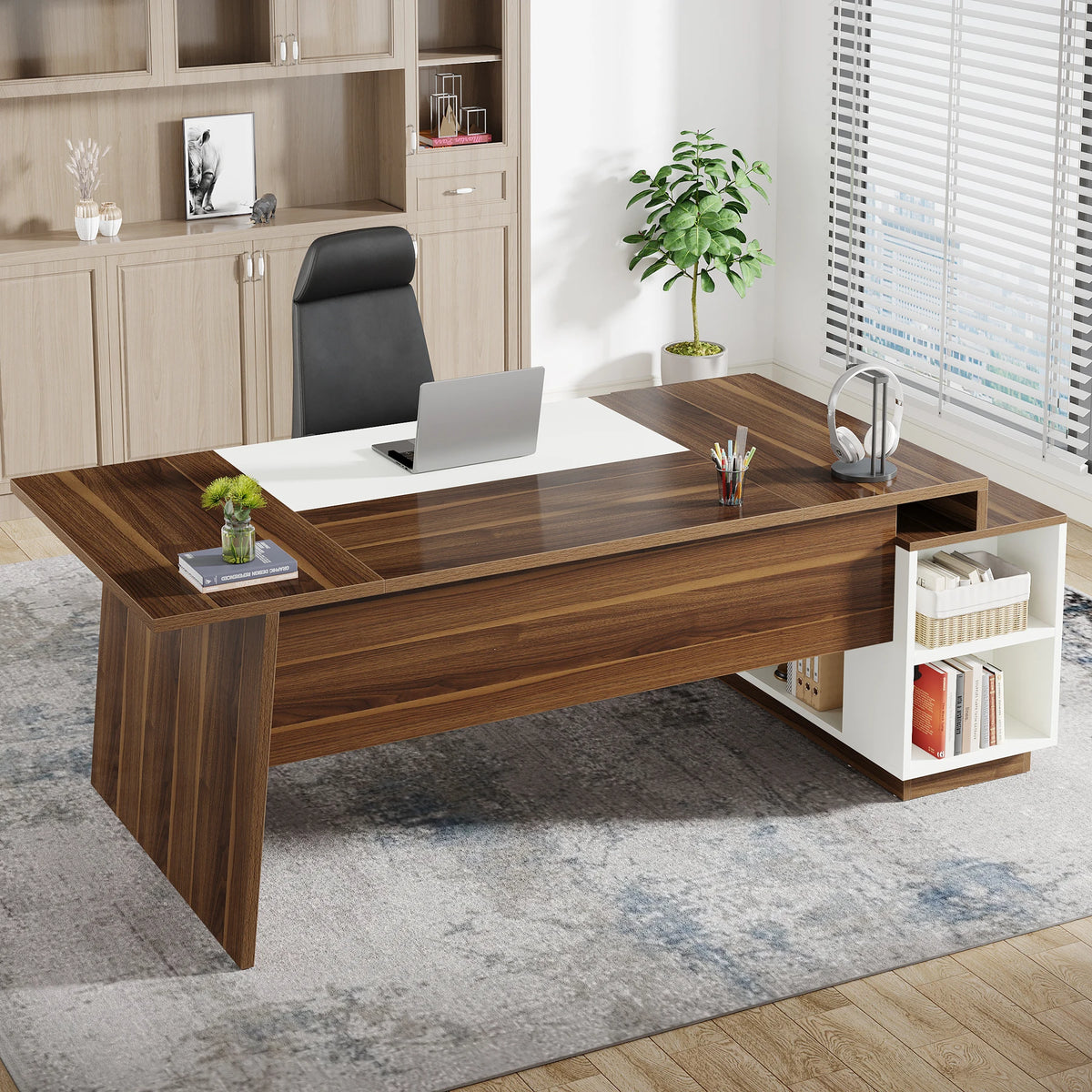 Dresden Collection | Petite Floating Walnut Executive Desk - captured in a curated lifestyle vignette in a Mid-Century Modern home office setting.