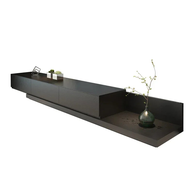 Belmont Collection | Floating Brass-Accented Walnut Floating Media Console - highlighting material texture and craftsmanship detail in a Mid-Century Modern entryway setting.