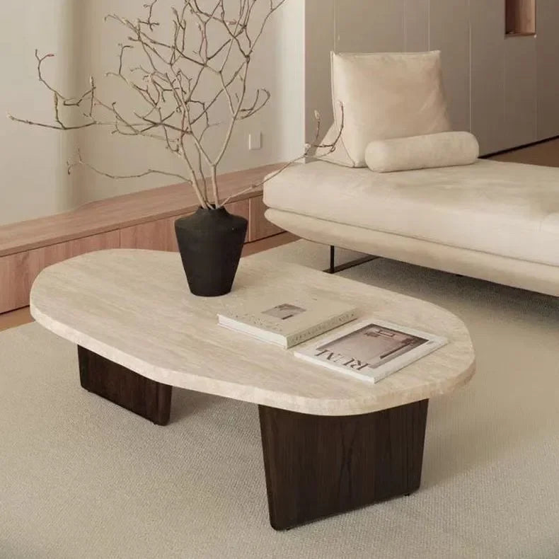 Meridian Collection | Tapered-Leg Oval Walnut Oval Coffee Table - detail view 12 revealing design nuance in a Mid-Century Modern living room setting.