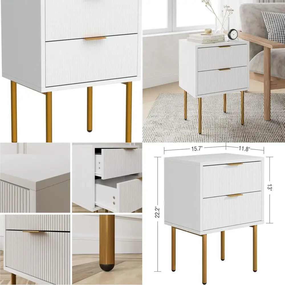 Belmont Collection | Fluted Gold-Trimmed Fluted Walnut Nightstand - styled from an alternate angle revealing dimensional depth in a Mid-Century Modern bedroom setting.