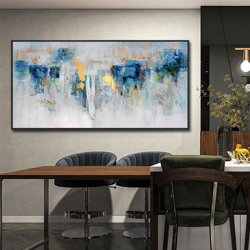 Mid-Century Modern Blue and Gold Handmade Oil Painting - Elegant Canvas Wall Art