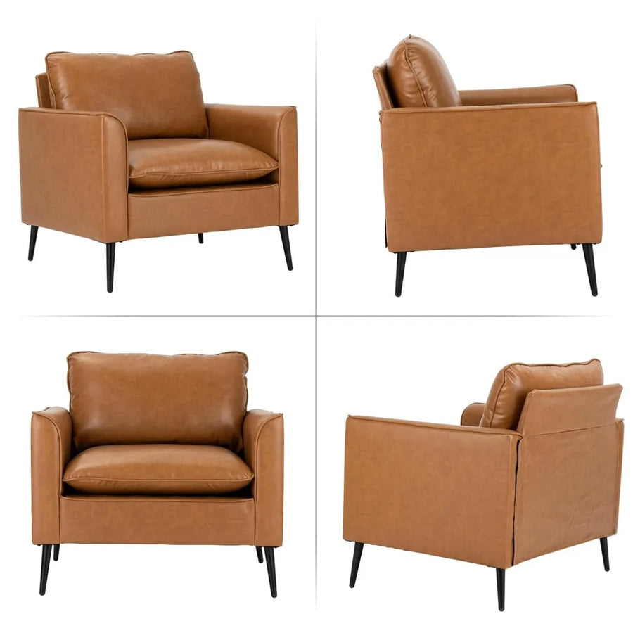 Ellington Collection | Arched Chrome-Detailed Cognac Leather Armchair Set - showcasing full sculptural form and curated finish in a Mid-Century Modern living room setting.