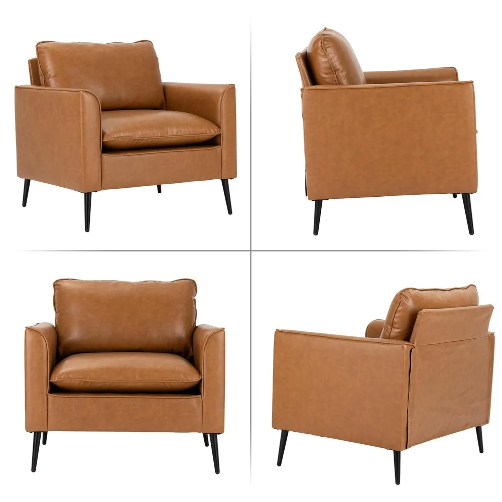 Ellington Collection | Arched Chrome-Detailed Cognac Leather Armchair Set - showcasing full sculptural form and curated finish in a Mid-Century Modern living room setting.