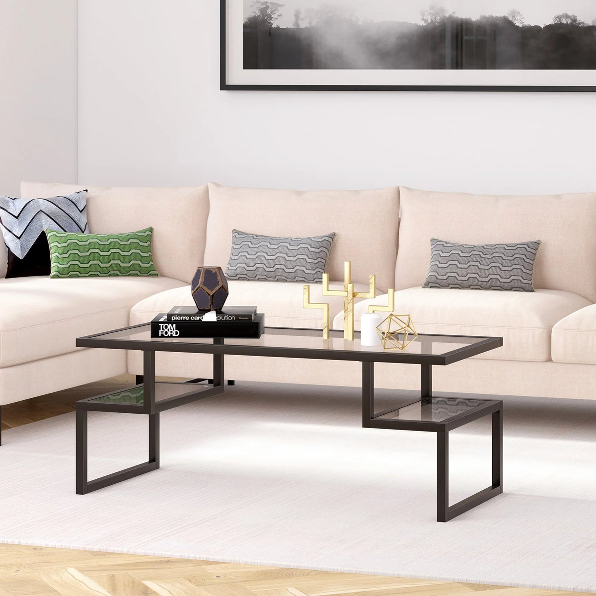 Zander 45" Wide Rectangular Coffee Table, Brass