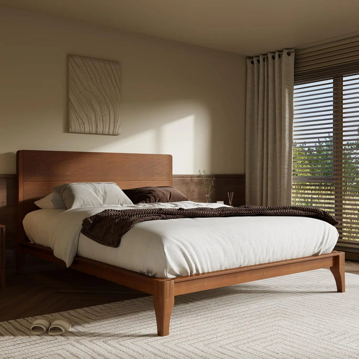 Kyoto Collection | Floating Japanese-Inspired Bamboo Platform Bed - showcasing full sculptural form and curated finish in a Mid-Century Modern bedroom setting.