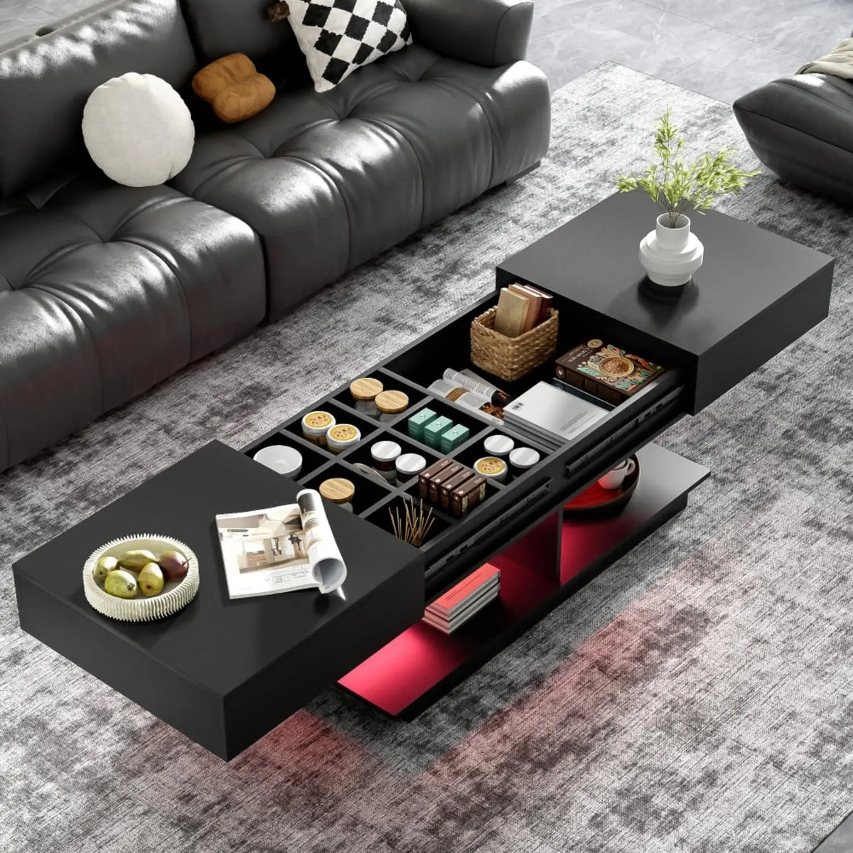 Astoria Collection | Hairpin-Legged Brass-Accented Walnut Expandable Coffee Table - styled from an alternate angle revealing dimensional depth in a Mid-Century Modern living room setting.