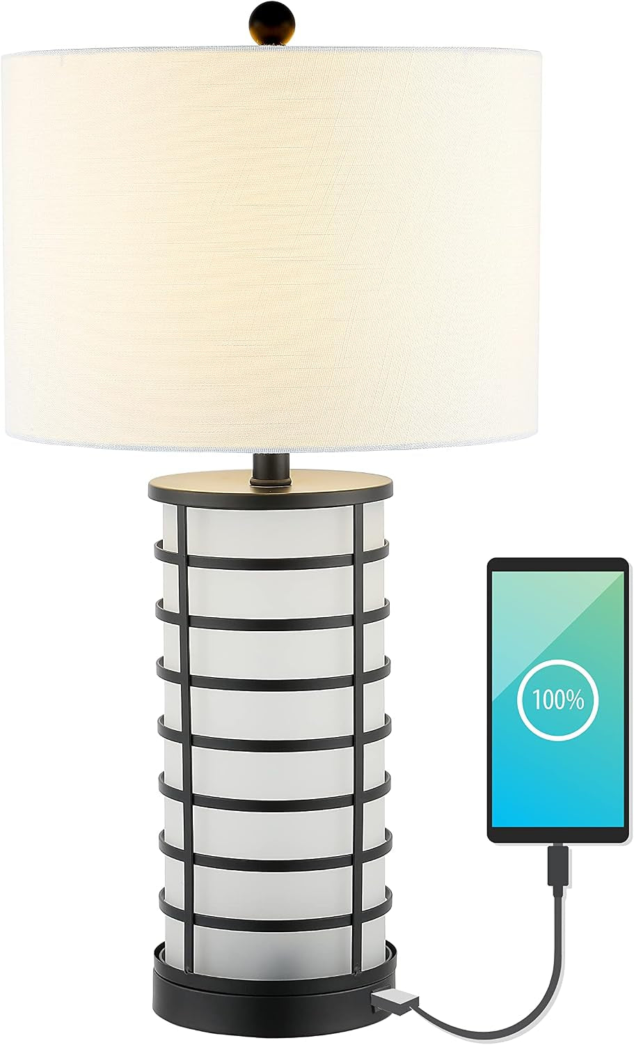 27" Black 2-Light Modern Industrial Iron Nightlight Table Lamp with USB Charging Port, White Linen Drum Shade for Bedroom Living Room, LED Bulbs Included JYL8502A
