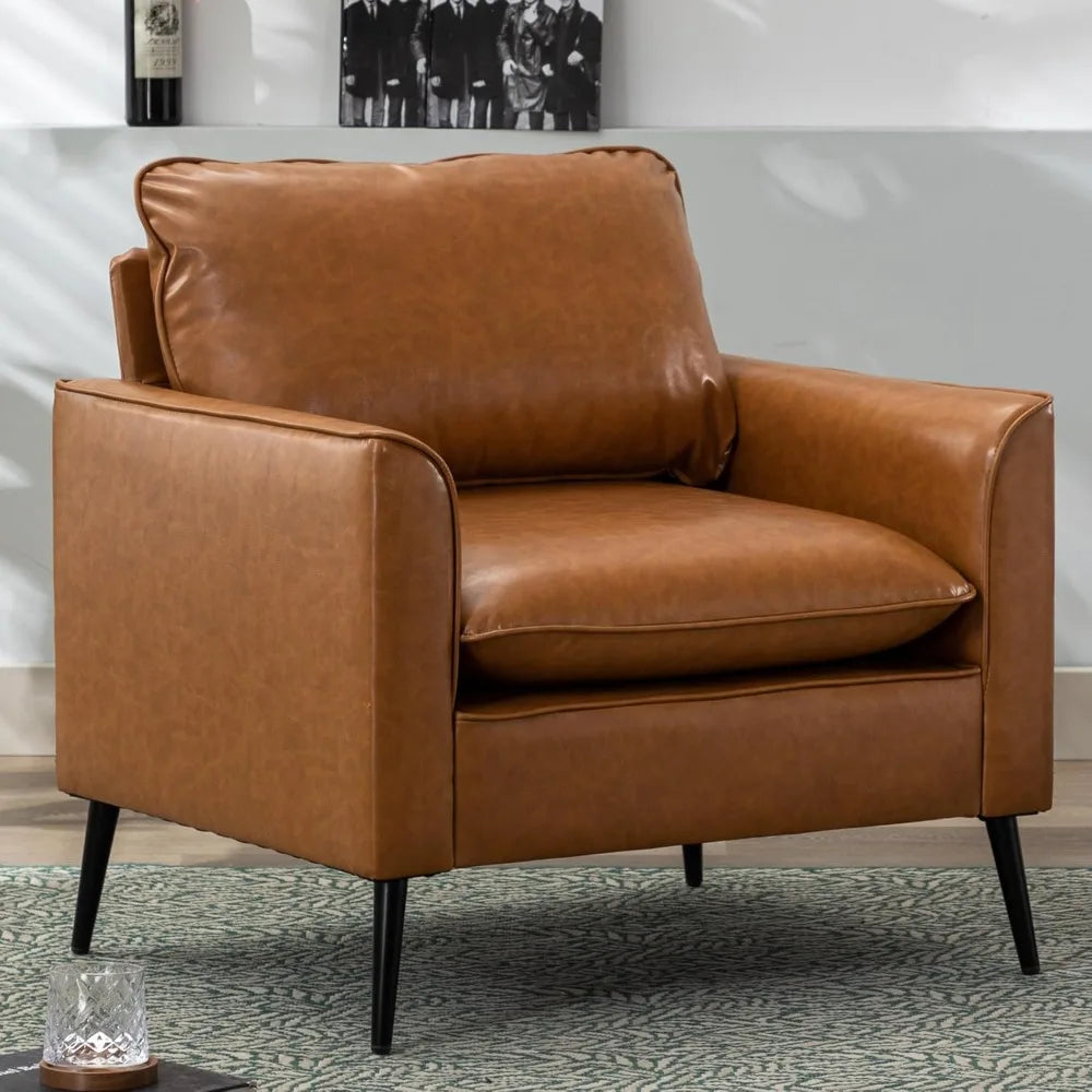 Ellington Collection | Arched Chrome-Detailed Cognac Leather Armchair Set - featuring close-up joinery and artisanal finish quality in a Mid-Century Modern living room setting.