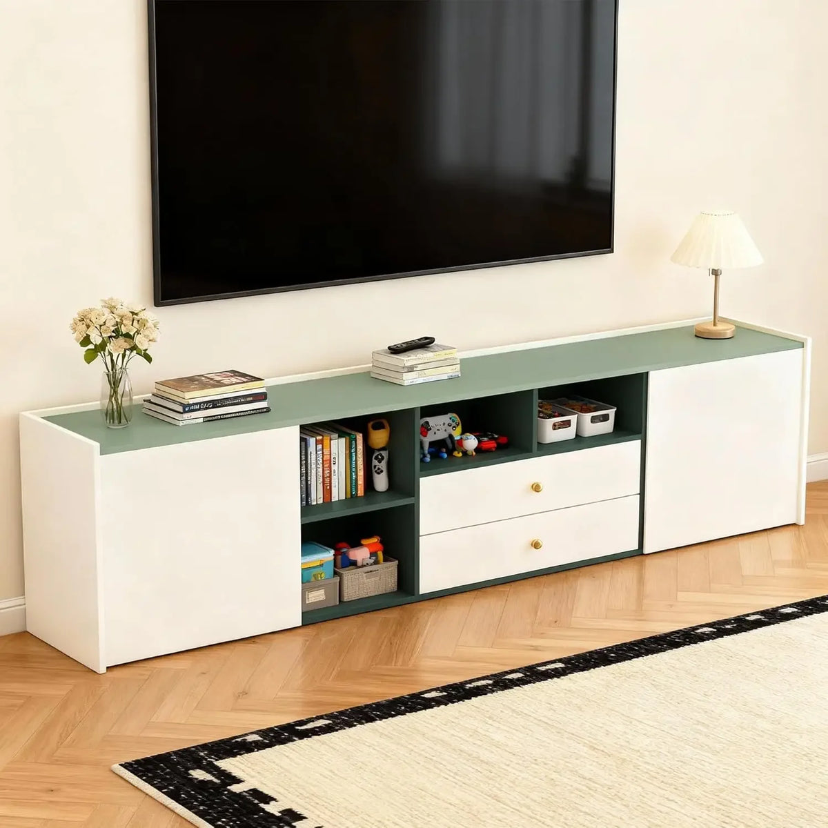 Meridian Collection | Tapered-Leg Walnut Media Console - captured in a curated lifestyle vignette in a Mid-Century Modern entryway setting.