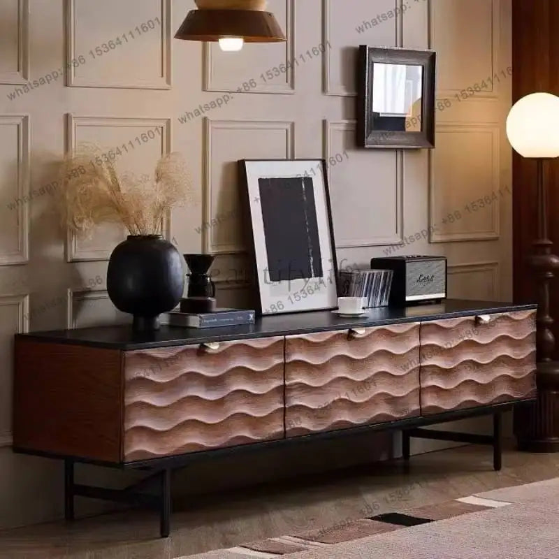 Ellington Collection | Atomic-Era Cabinet Walnut Media Console - highlighting material texture and craftsmanship detail in a Mid-Century Modern entryway setting.