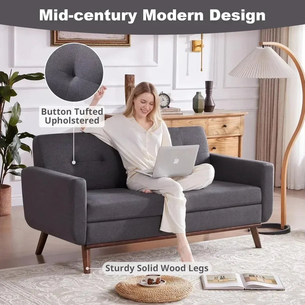 Fontaine Collection | Tapered-Leg Curved Walnut & Bouclé Loveseat - framed in an editorial still-life composition in a Mid-Century Modern living room setting.