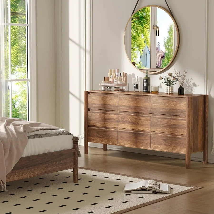 Dresden Collection | Panoramic Danish-Inspired Walnut Dresser - styled from an alternate angle revealing dimensional depth in a Mid-Century Modern bedroom setting.