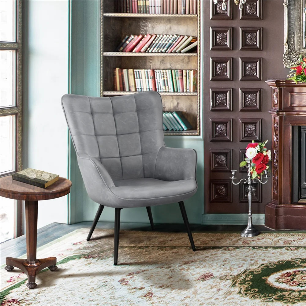 Mid-Century Modern Faux Leather Wingback Accent Chair, Set of 2, Gray