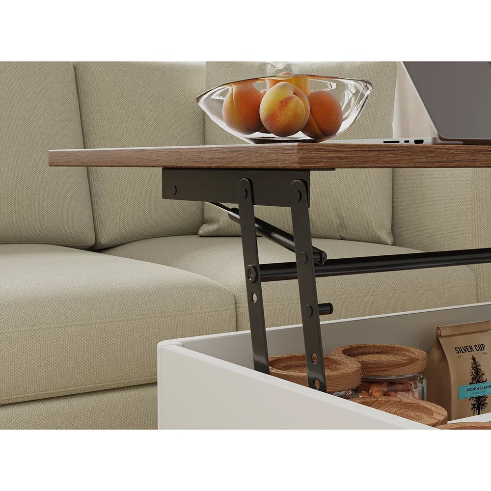 Ellington Collection | Tapered-Leg Brass-Accented Walnut Lift-Top - styled from an alternate angle revealing dimensional depth in a Mid-Century Modern living room setting.