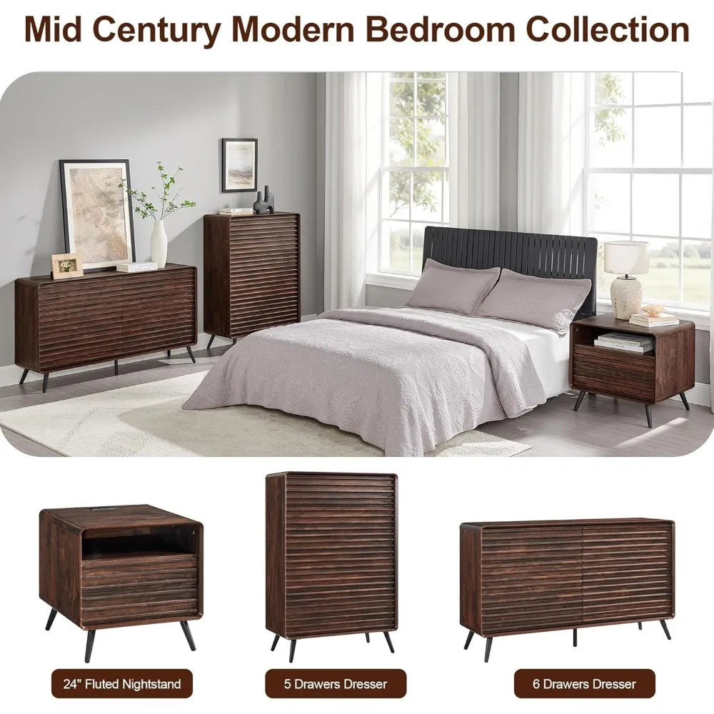 Ellington Collection | Fluted Atomic-Era Fluted Walnut Dresser - captured in a curated lifestyle vignette in a Mid-Century Modern bedroom setting.