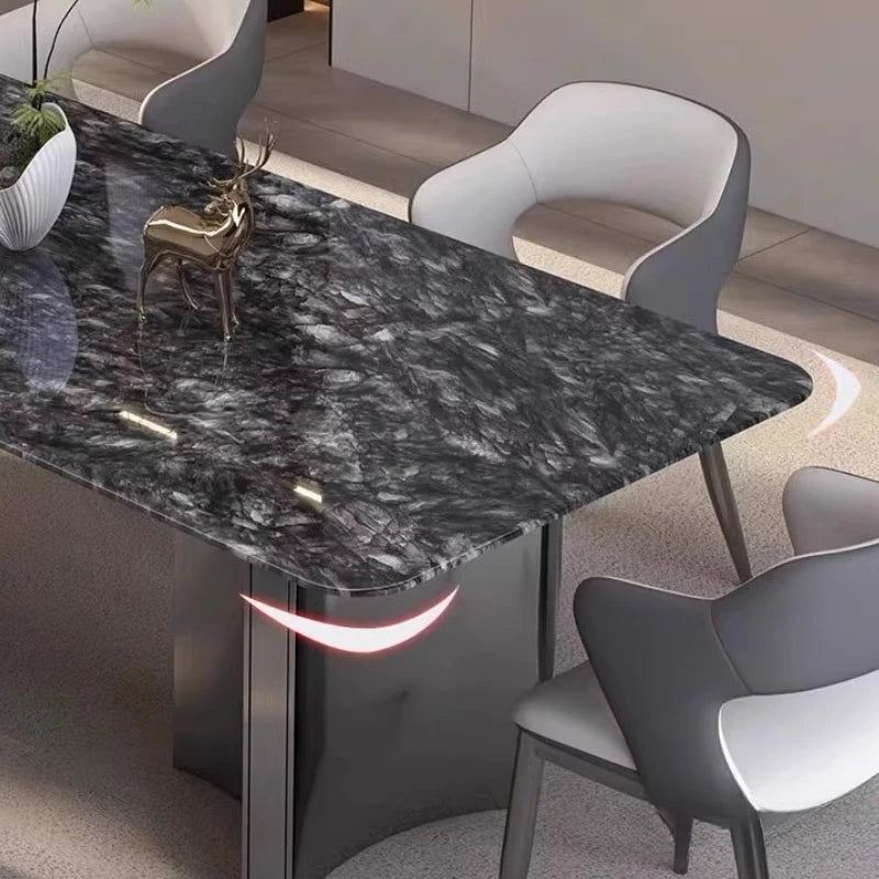 Belmont Collection | Geometric Marble-Topped Carrara Marble Dining Table - presented at scale within a designed interior in a Mid-Century Modern dining room setting.
