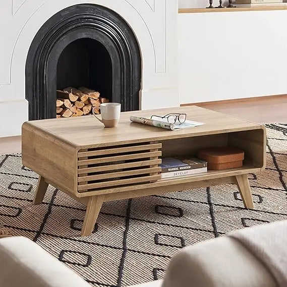 Belmont Collection | Fluted Atomic-Era White Oak Coffee Table - presented at scale within a designed interior in a Mid-Century Modern living room setting.