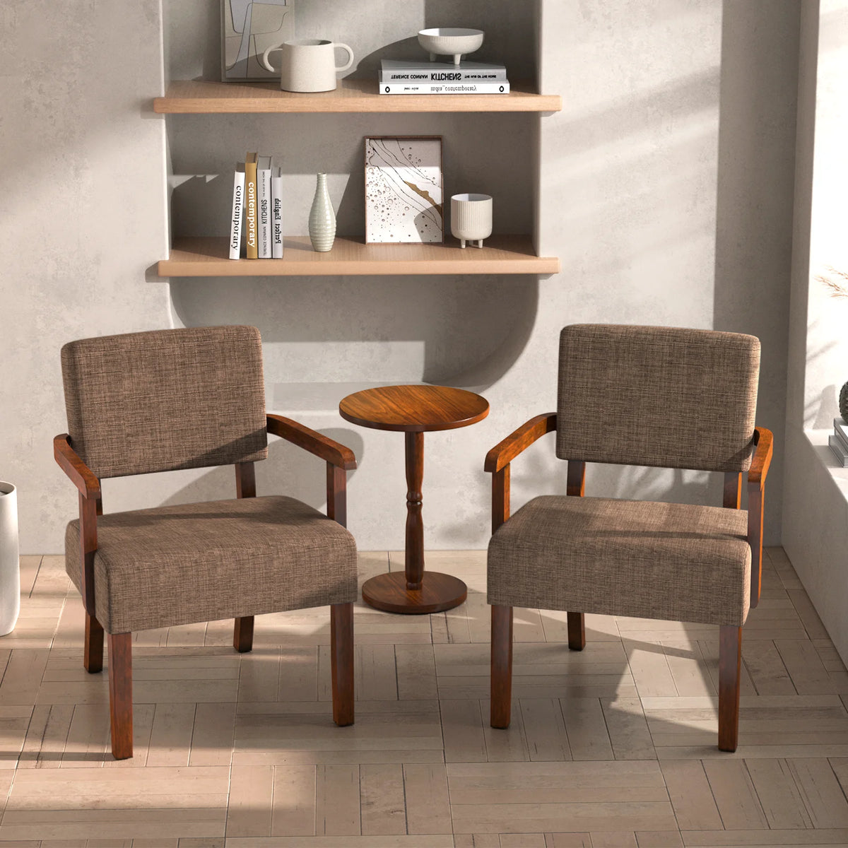 Accent Chair Set of 2 with Table, Mid Century Modern Upholstered Chairs for Living Room,Brown