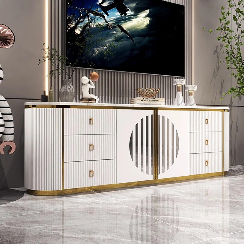 Belmont Collection | Tapered-Leg Brass-Accented Rich Walnut Media Console - styled from an alternate angle revealing dimensional depth in a Mid-Century Modern entryway setting.