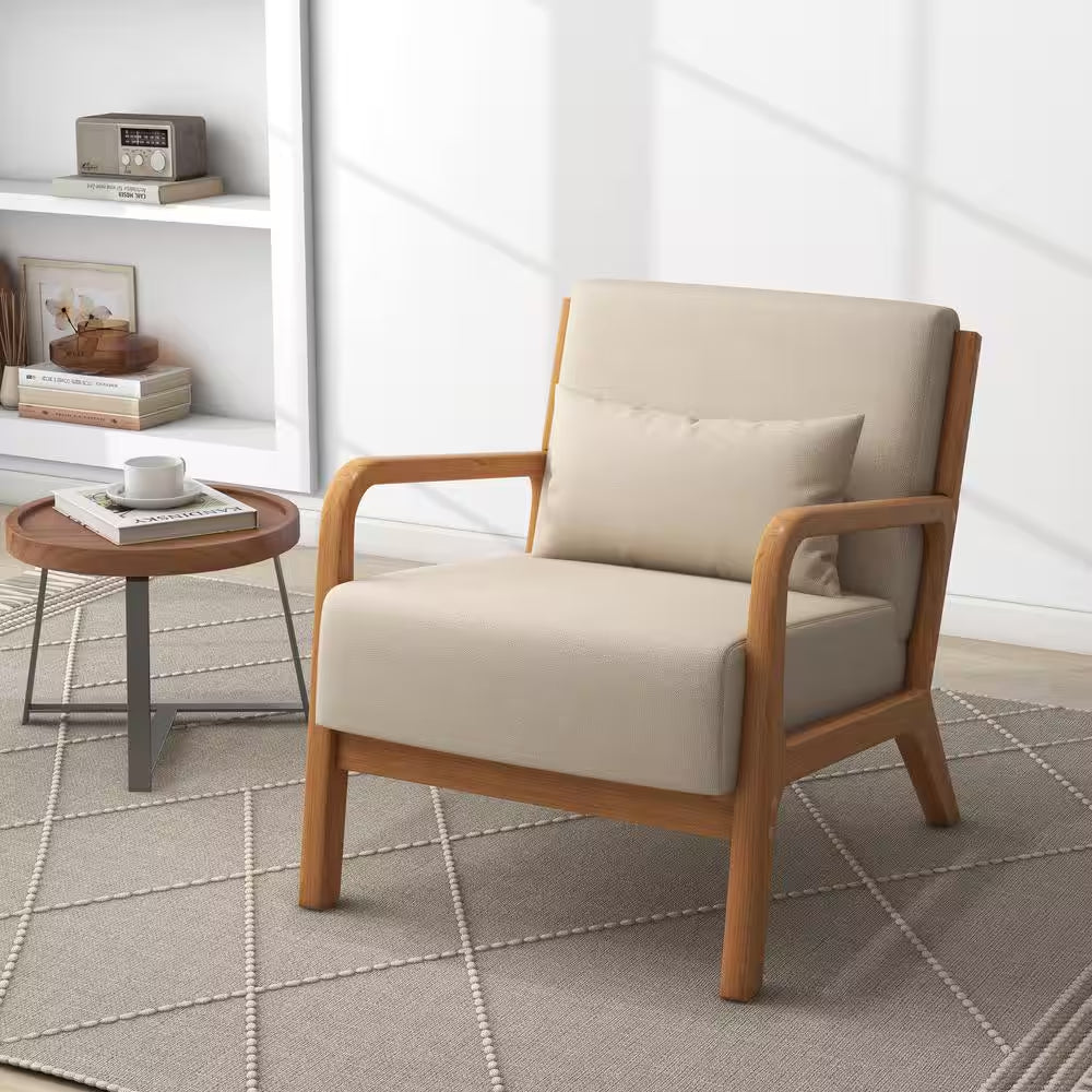 25.78 In. W Modern Beige Wood Frame Cotton and Linen Upholstered Accent Armchair (Set of 1)