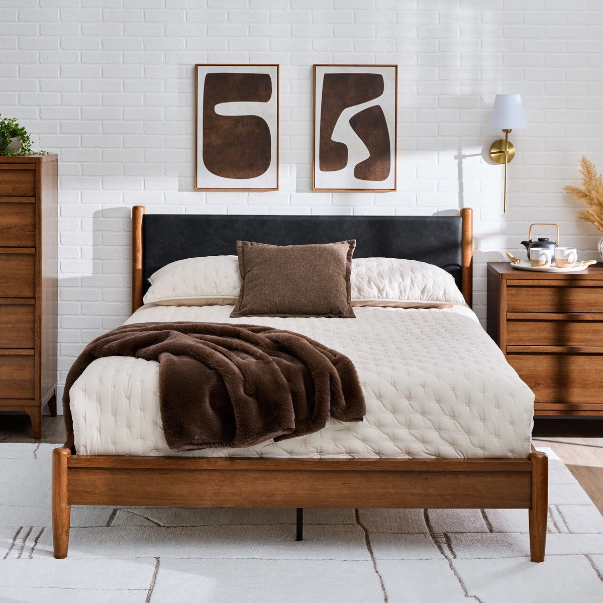 Greyson Queen Platform Bed, Black Faux Leather and Acorn Finish