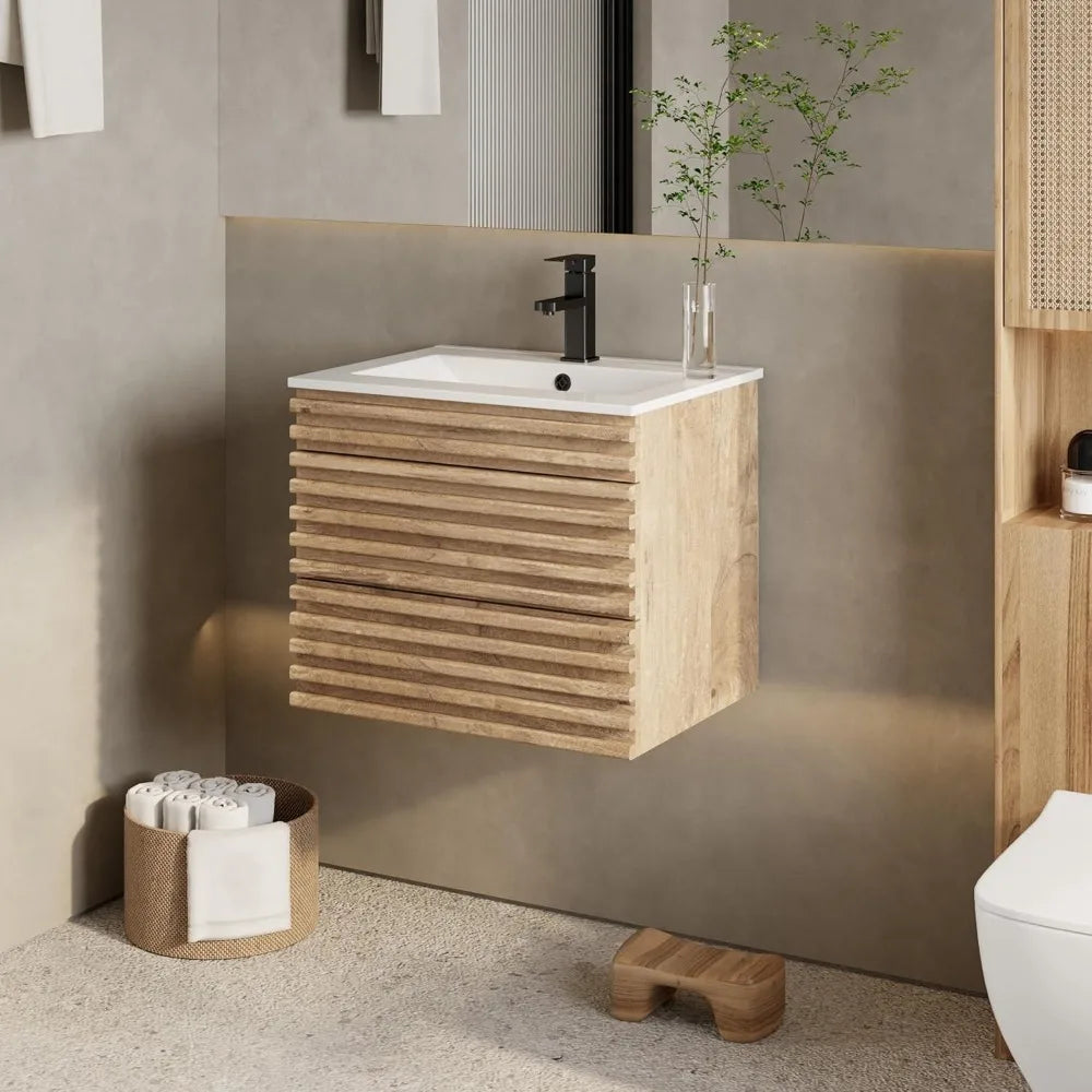 Dresden Collection | Floating California Floating Walnut Vanity - presented at scale within a designed interior in a Mid-Century Modern bathroom setting.