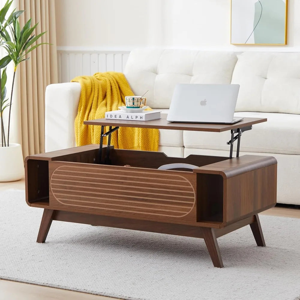 Belmont Collection | Curved Lift-Top Walnut Lift-Top - revealing tonal warmth and surface patina under ambient light in a Mid-Century Modern living room setting.