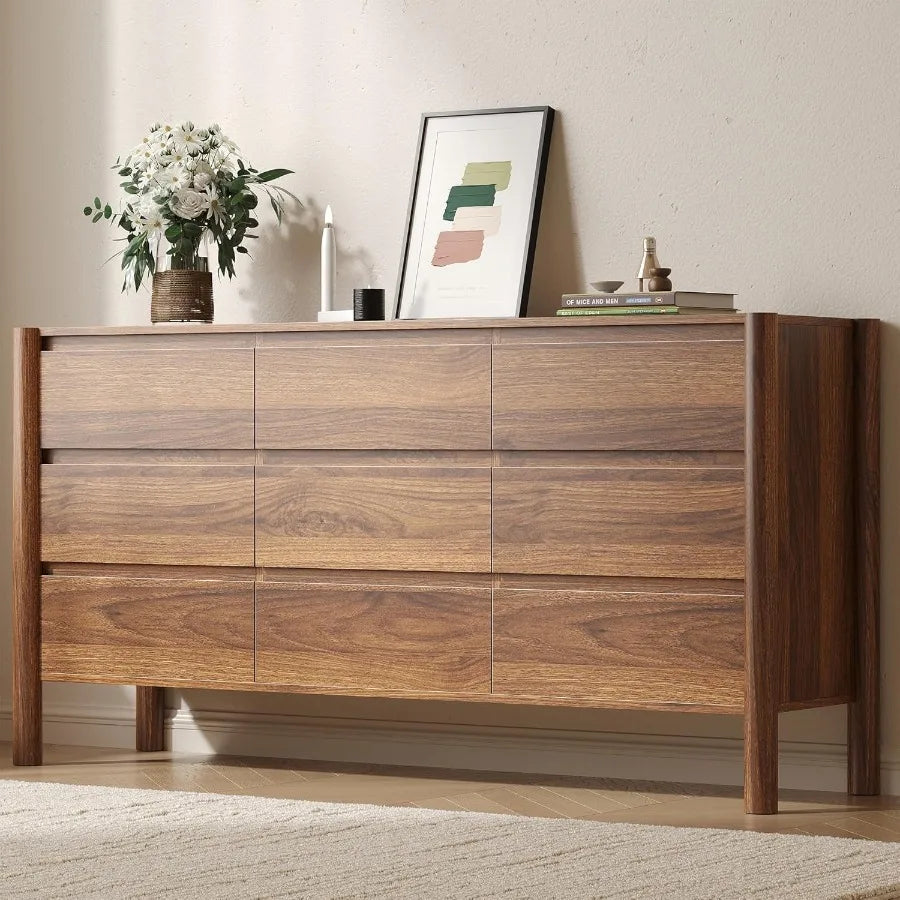 Dresden Collection | Panoramic Danish-Inspired Walnut Dresser - presented at scale within a designed interior in a Mid-Century Modern bedroom setting.