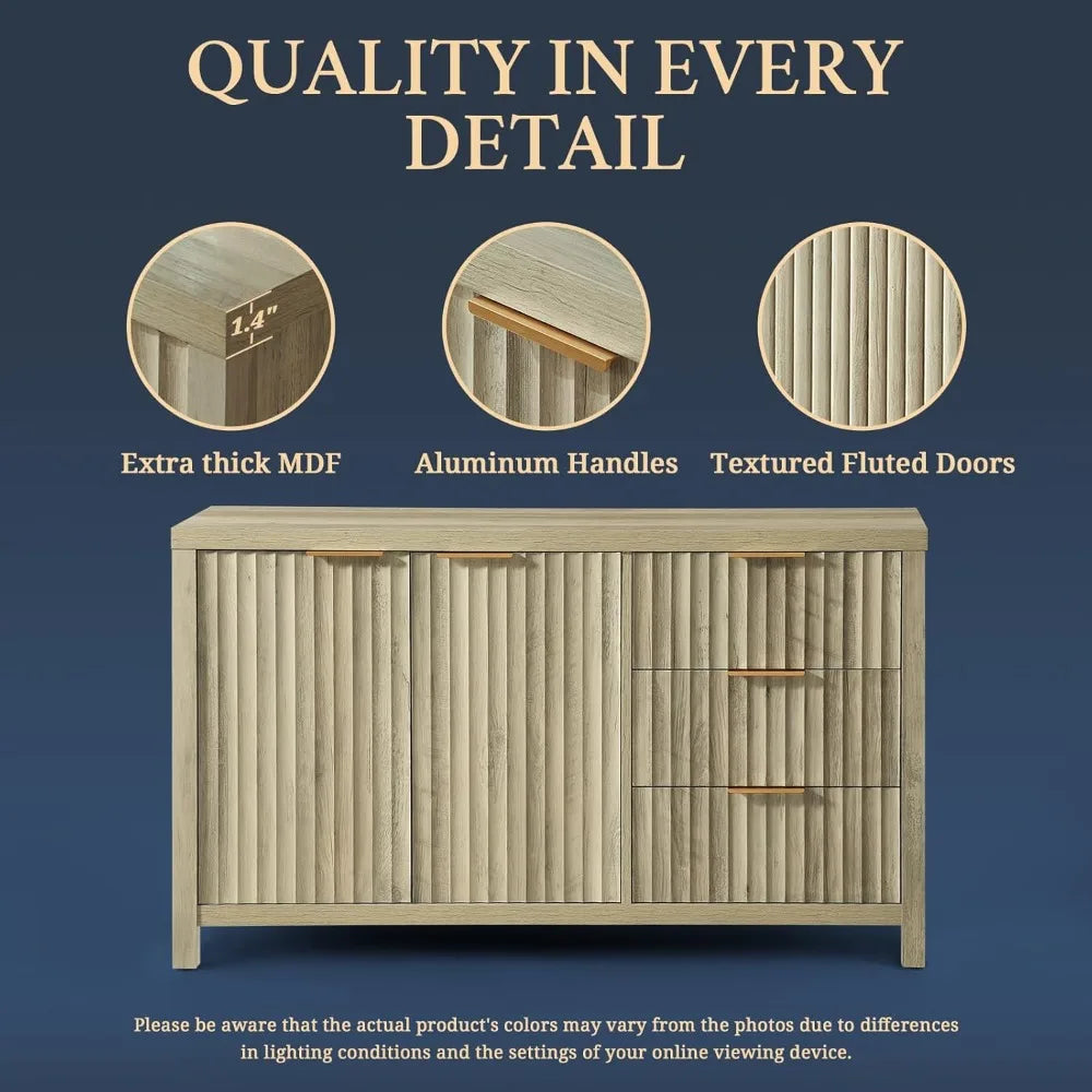 Belmont Collection | Fluted Atomic-Era Sunwashed Ash Fluted Sideboard - revealing tonal warmth and surface patina under ambient light in a Mid-Century Modern living room setting.