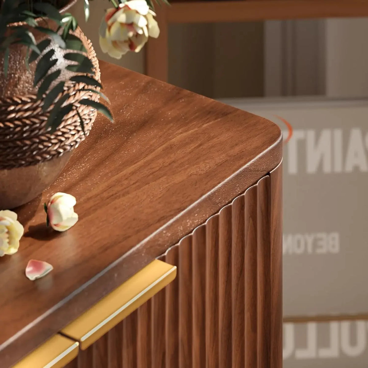 Dresden Collection | Panoramic Fluted Fluted Walnut Buffet - styled from an alternate angle revealing dimensional depth in a Mid-Century Modern living room setting.