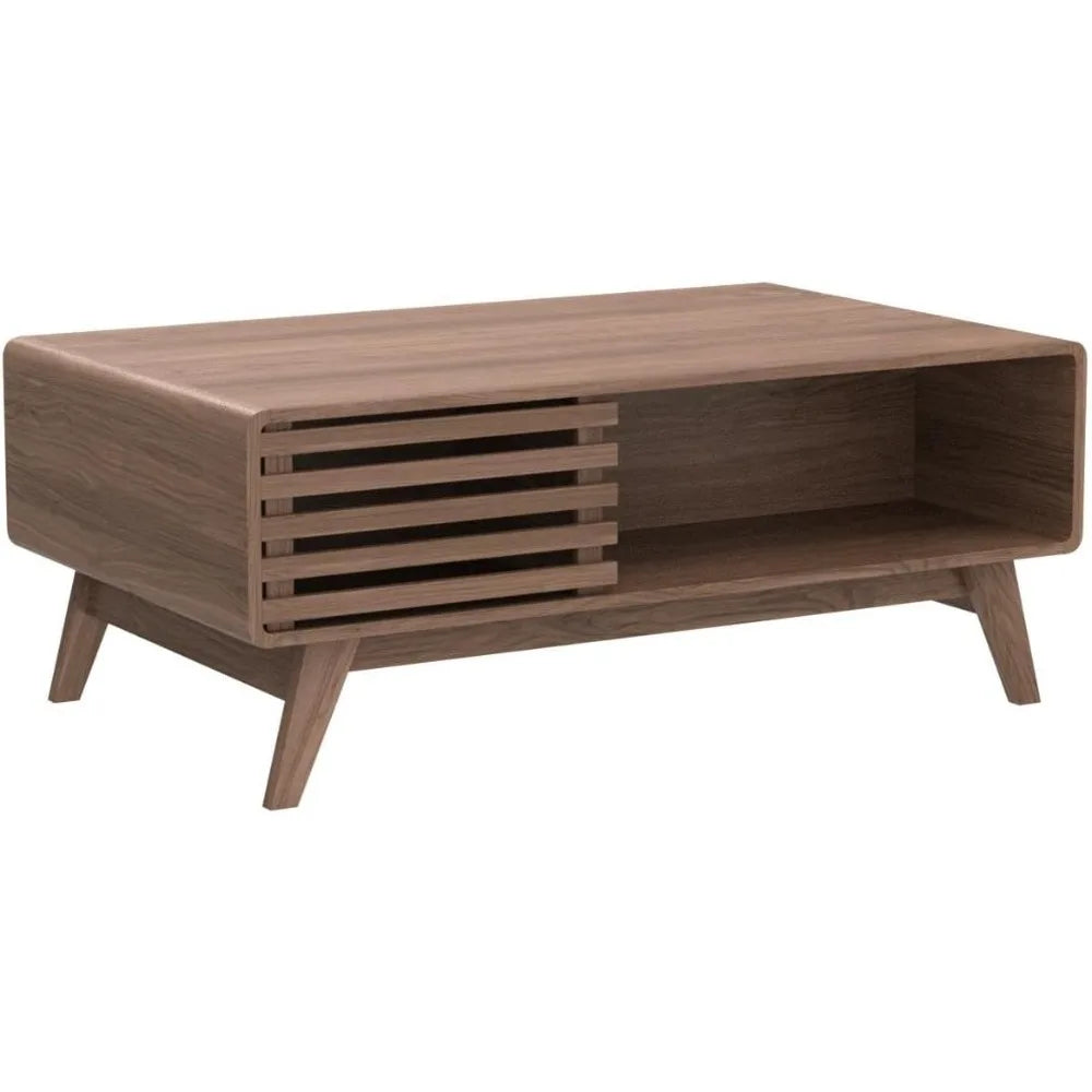 Fontaine Collection | Fluted Danish-Inspired Walnut Coffee Table - styled from an alternate angle revealing dimensional depth in a Mid-Century Modern living room setting.