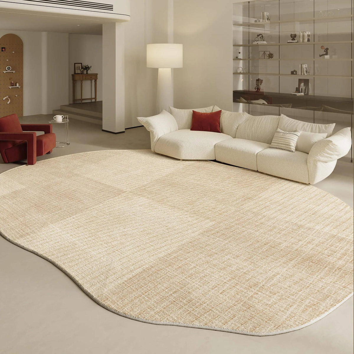Fontaine Collection | Geometric Atomic-Era Irregular-Form Carpet - exhibiting shadow play and geometric silhouette detail in a Mid-Century Modern living room setting.