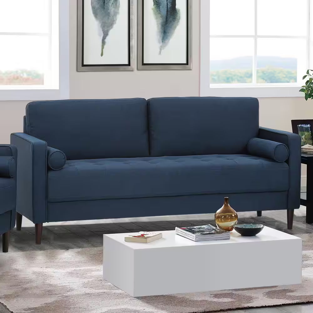 Lillith 75.6 In. Square Arm Polyester Mid- Century Modern Rectangle Sofa in Navy Blue