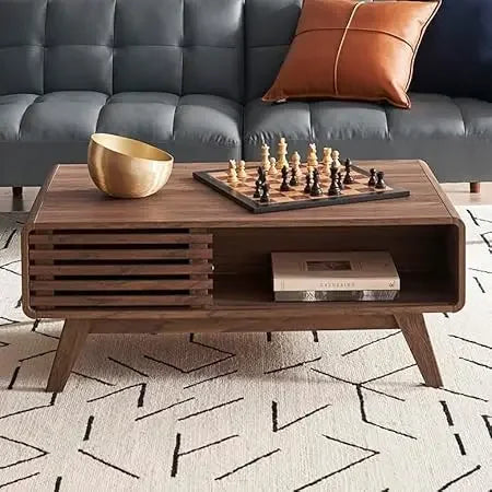 Fontaine Collection | Fluted Danish-Inspired Walnut Coffee Table - showcasing full sculptural form and curated finish in a Mid-Century Modern living room setting.