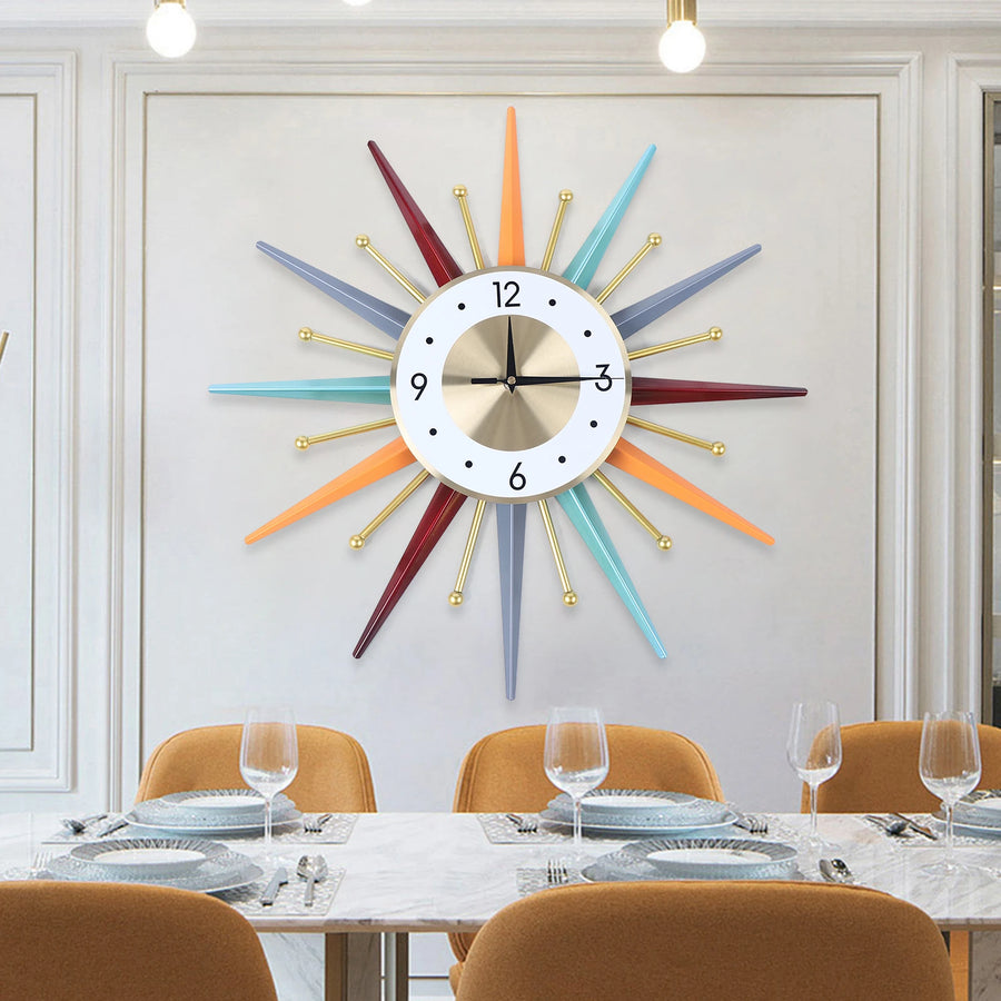 Astoria Collection | Sculptural Atomic-Era Sunburst Clock - showcasing full sculptural form and curated finish in a Mid-Century Modern living room setting.