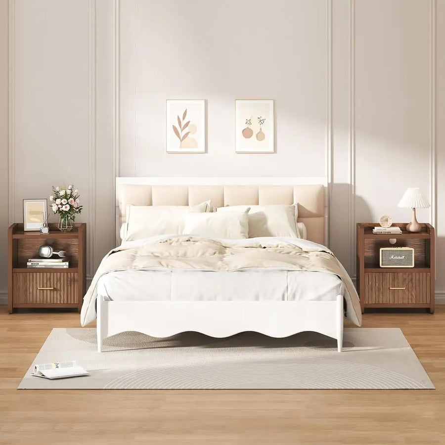 Belmont Collection | Brass-Accented Walnut Nightstand - showcasing full sculptural form and curated finish in a Mid-Century Modern bedroom setting.