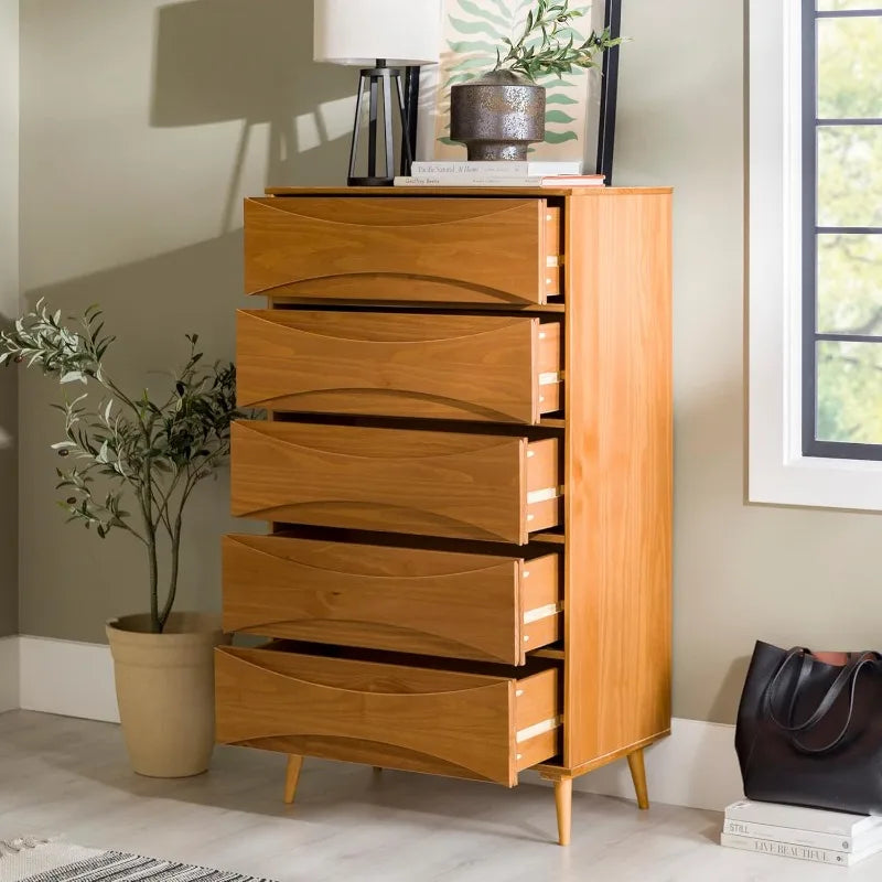 Dresden Collection | Geometric Brass-Accented Caramel-Finished Solid Wood Dresser - captured in a curated lifestyle vignette in a Mid-Century Modern bedroom setting.