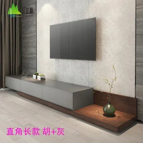 Belmont Collection | Floating Brass-Accented Walnut Floating Media Console - exhibiting shadow play and geometric silhouette detail in a Mid-Century Modern entryway setting.