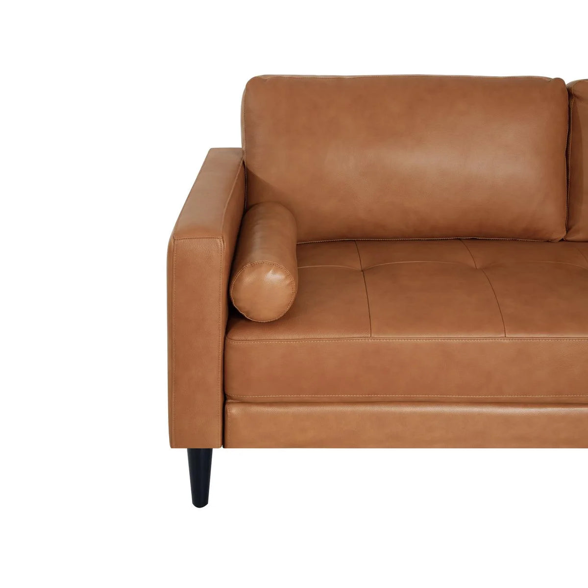 Marisa Genuine Leather Mid-Century Modern Sofa, Removable Cushions, Matching Bolster Pillows, Plush Foam Comfort, Sturdy Hardwood Frame, Spacious 3-Seater Seating, Tan