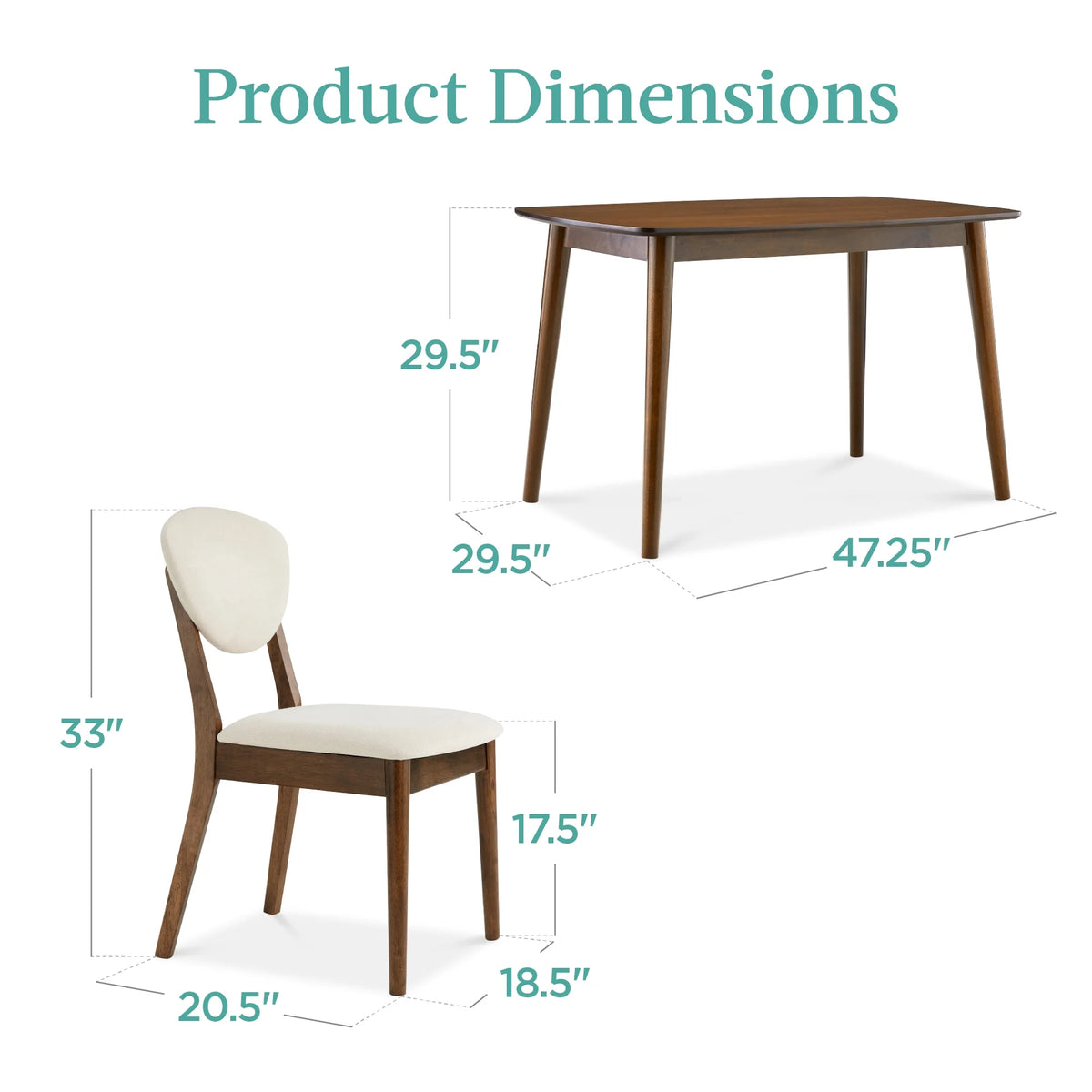 5-Piece Compact Wooden Mid-Century Modern Dining Set W/ 4 Chairs, Padded Seat & Back - Walnut/Cream