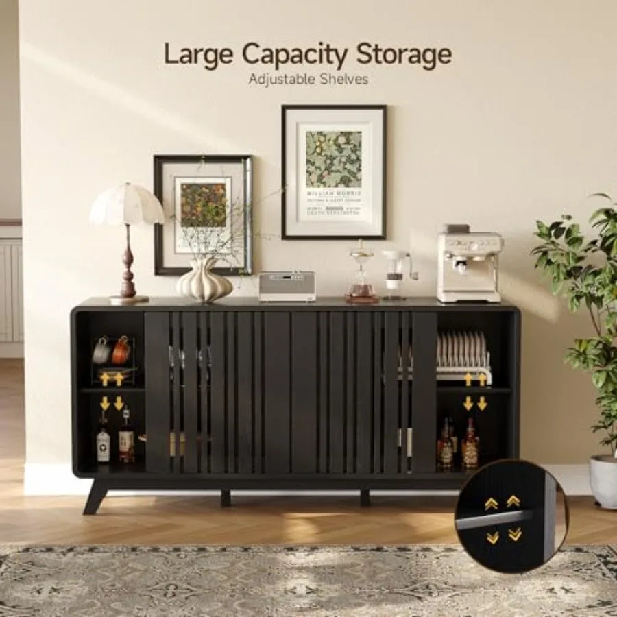 Cordoba Collection | Fluted Brass-Accented Walnut Sideboard - highlighting material texture and craftsmanship detail in a Mid-Century Modern living room setting.