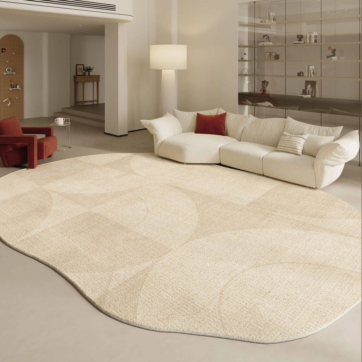 Fontaine Collection | Geometric Atomic-Era Irregular-Form Carpet - framed in an editorial still-life composition in a Mid-Century Modern living room setting.