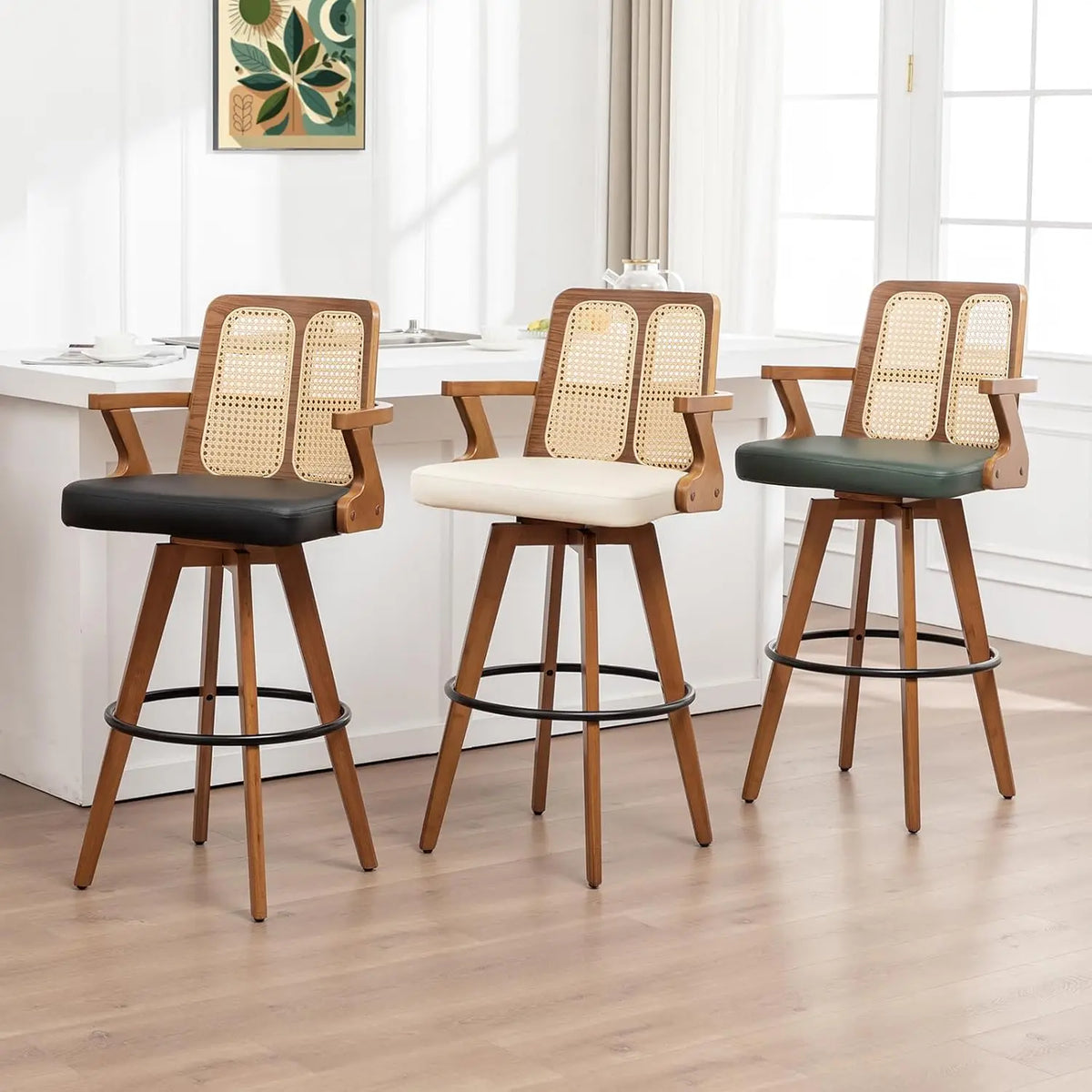 Ellington Collection | Pedestal Curved Walnut Swivel Bar Stool - presented at scale within a designed interior in a Mid-Century Modern dining room setting.