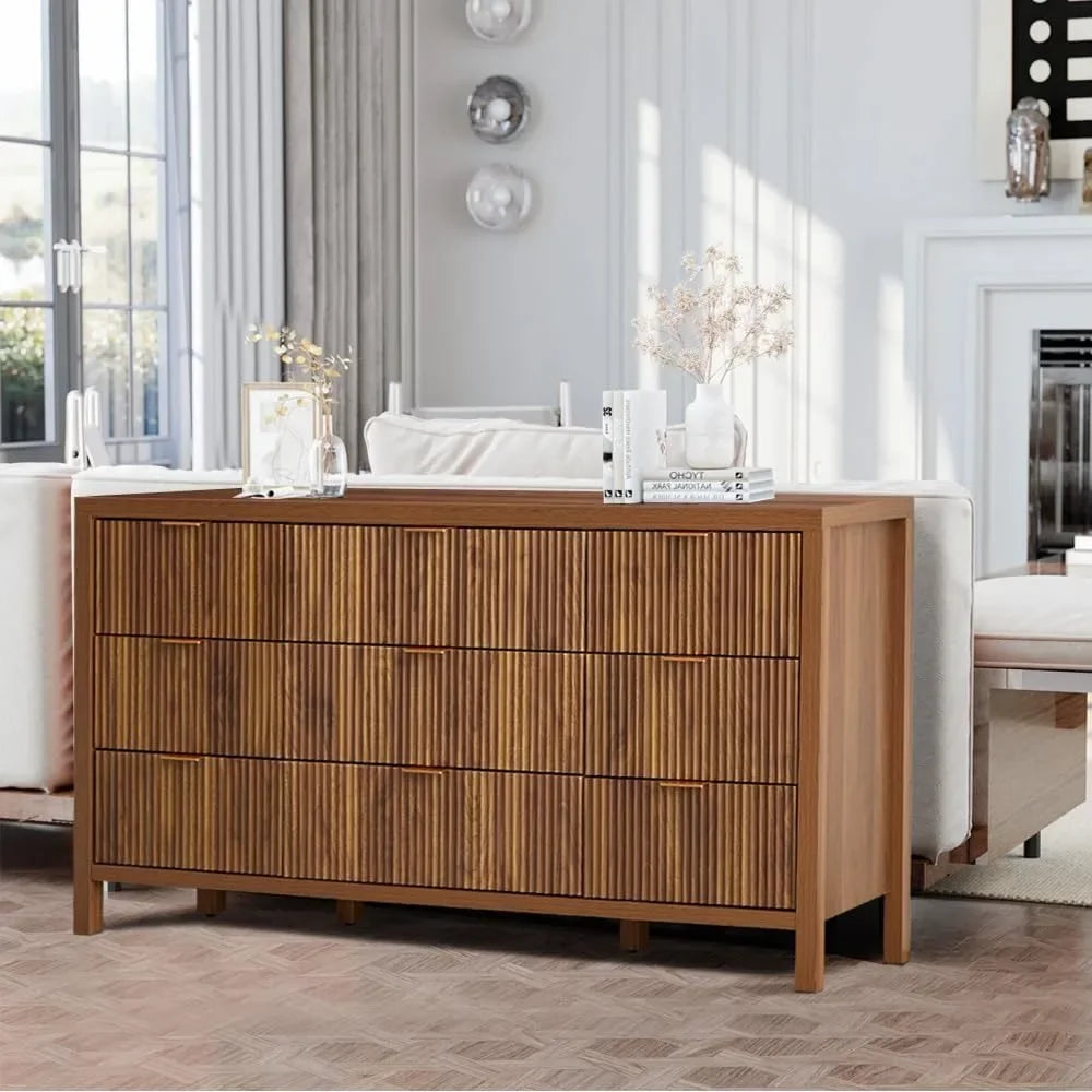Belmont Collection | Tapered-Leg Brass-Accented Walnut & Brass Dresser - captured in a curated lifestyle vignette in a Mid-Century Modern bedroom setting.